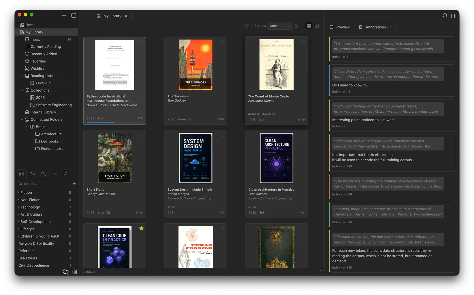 The Papyrium catalog with a PDF selected and the Annotations tab open in the sidebar, listing its highlights with page numbers and the comments added to some of them, dark mode