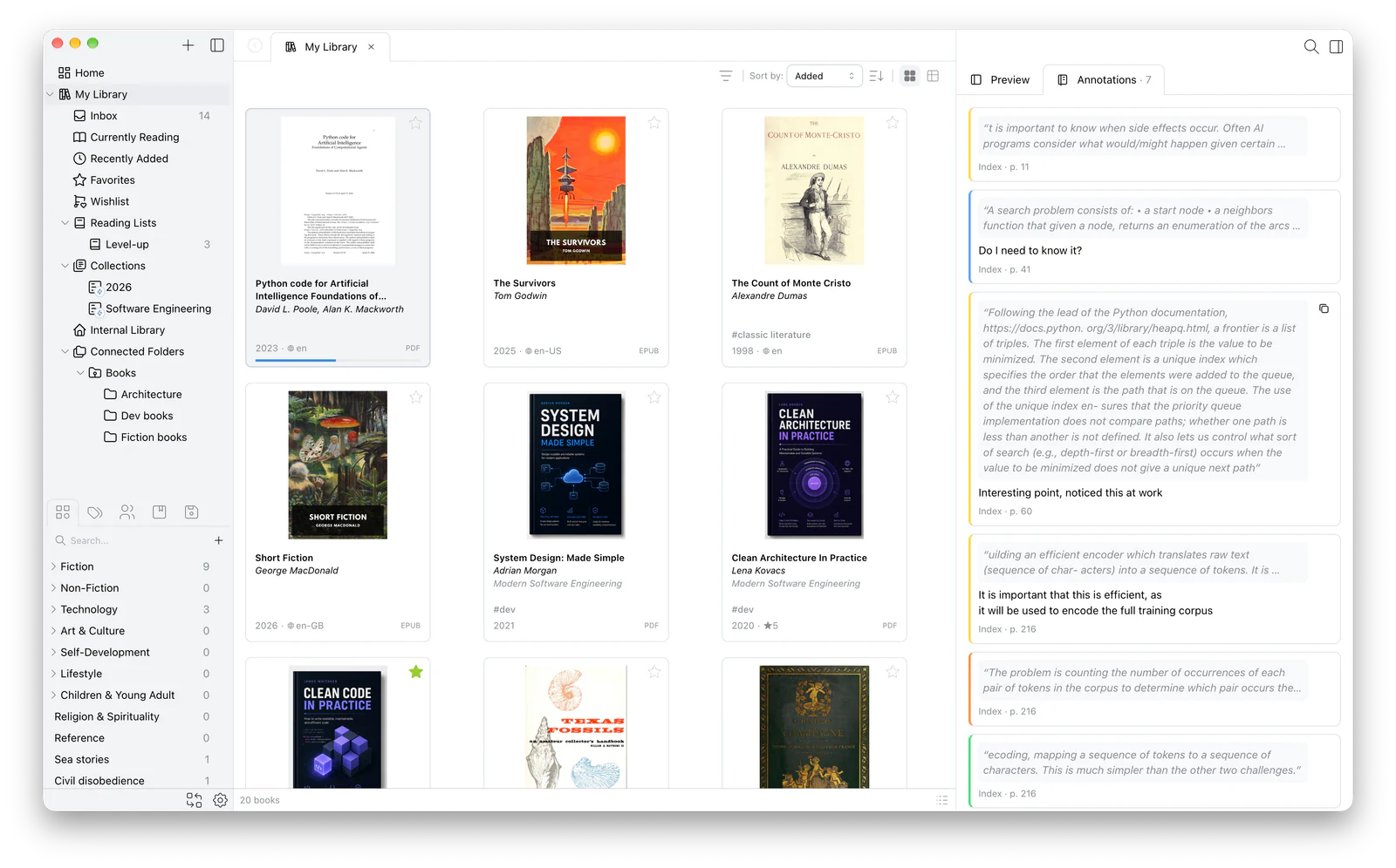 The Papyrium catalog with a PDF selected and the Annotations tab open in the sidebar, listing its highlights with page numbers and the comments added to some of them