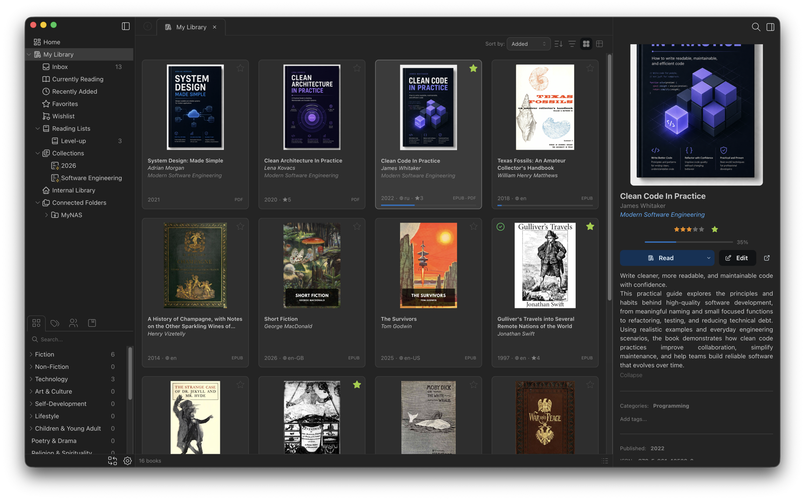 Papyrium app — library view, dark theme