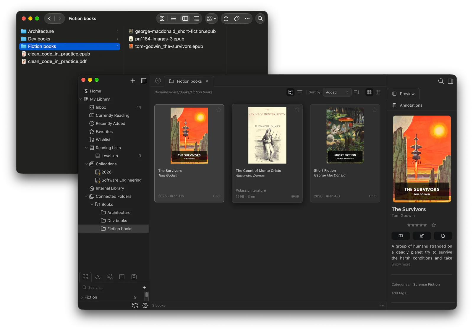Finder showing a Fiction books folder next to Papyrium showing the same folder as a catalog with covers, dark mode