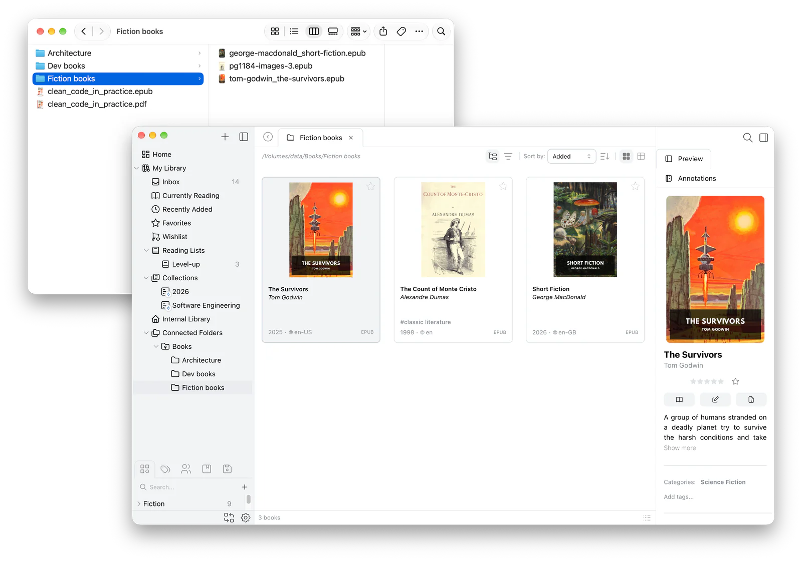 Finder showing a Fiction books folder next to Papyrium showing the same folder as a catalog with covers