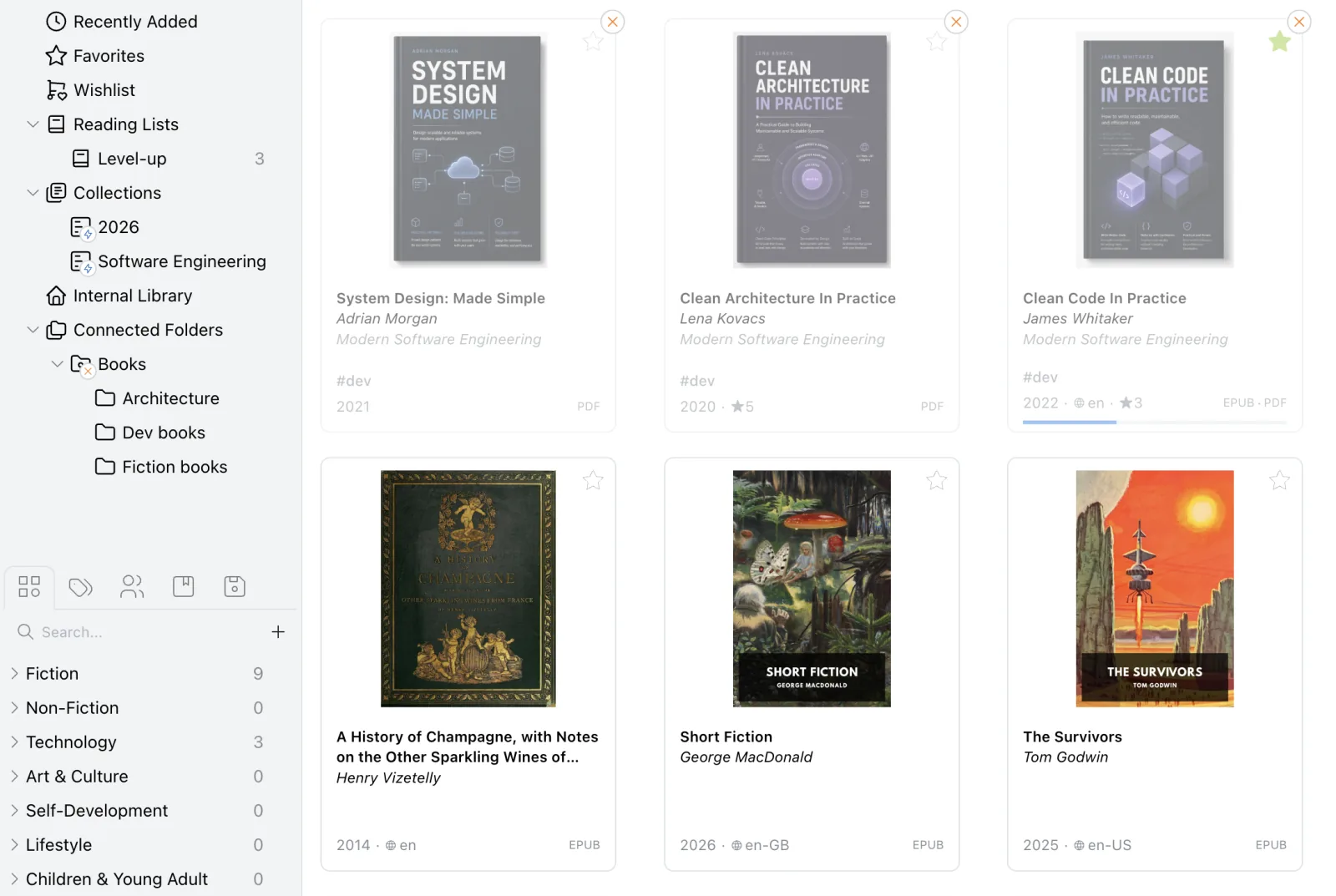 Papyrium with the NAS disconnected: the Books folder in the sidebar is marked, and the books from it are dimmed but still in the catalog, above books stored on the Mac