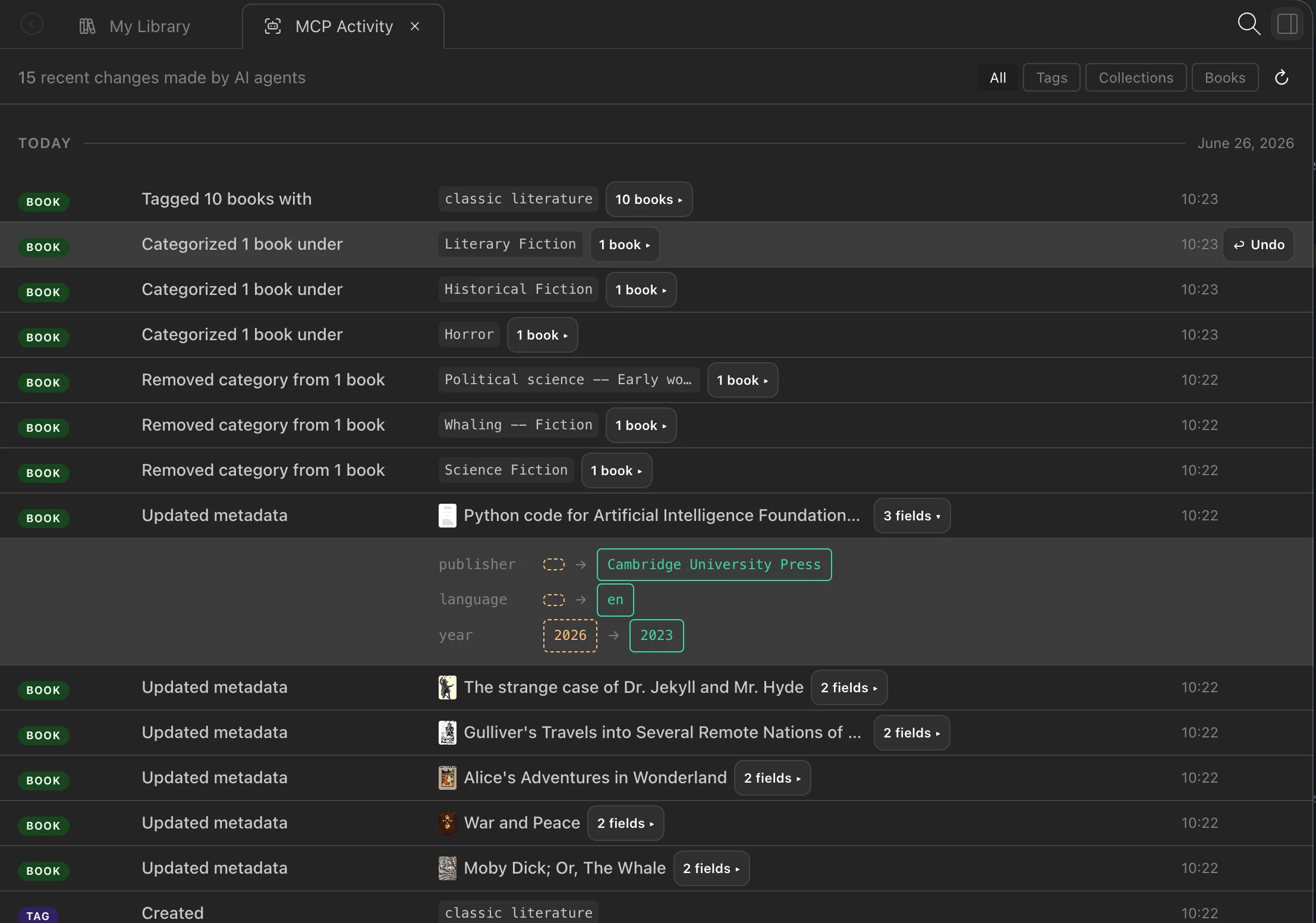 Papyrium MCP Activity log showing recent agent writes with field-level diffs and undo
