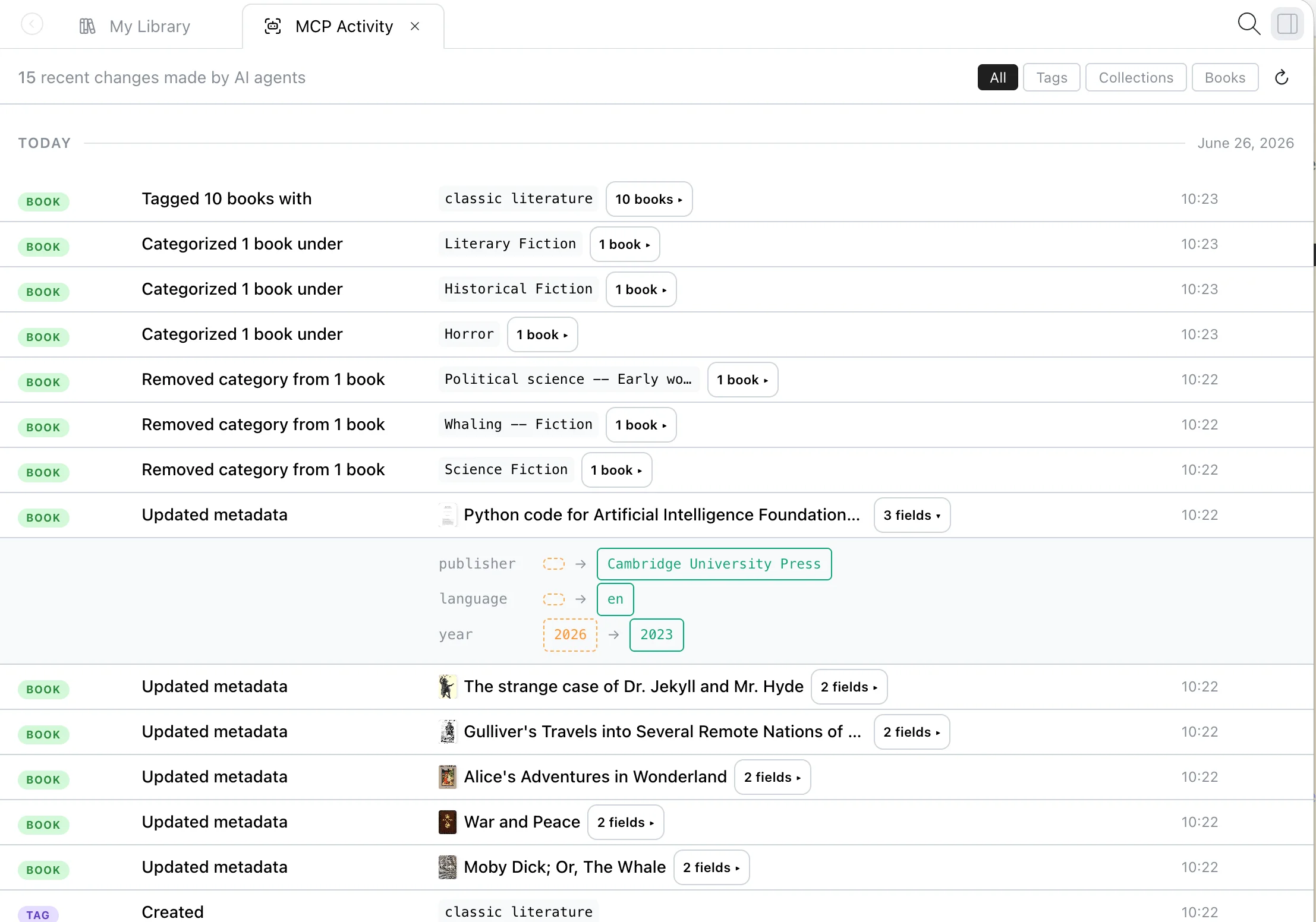 Papyrium MCP Activity log showing recent agent writes with field-level diffs and undo