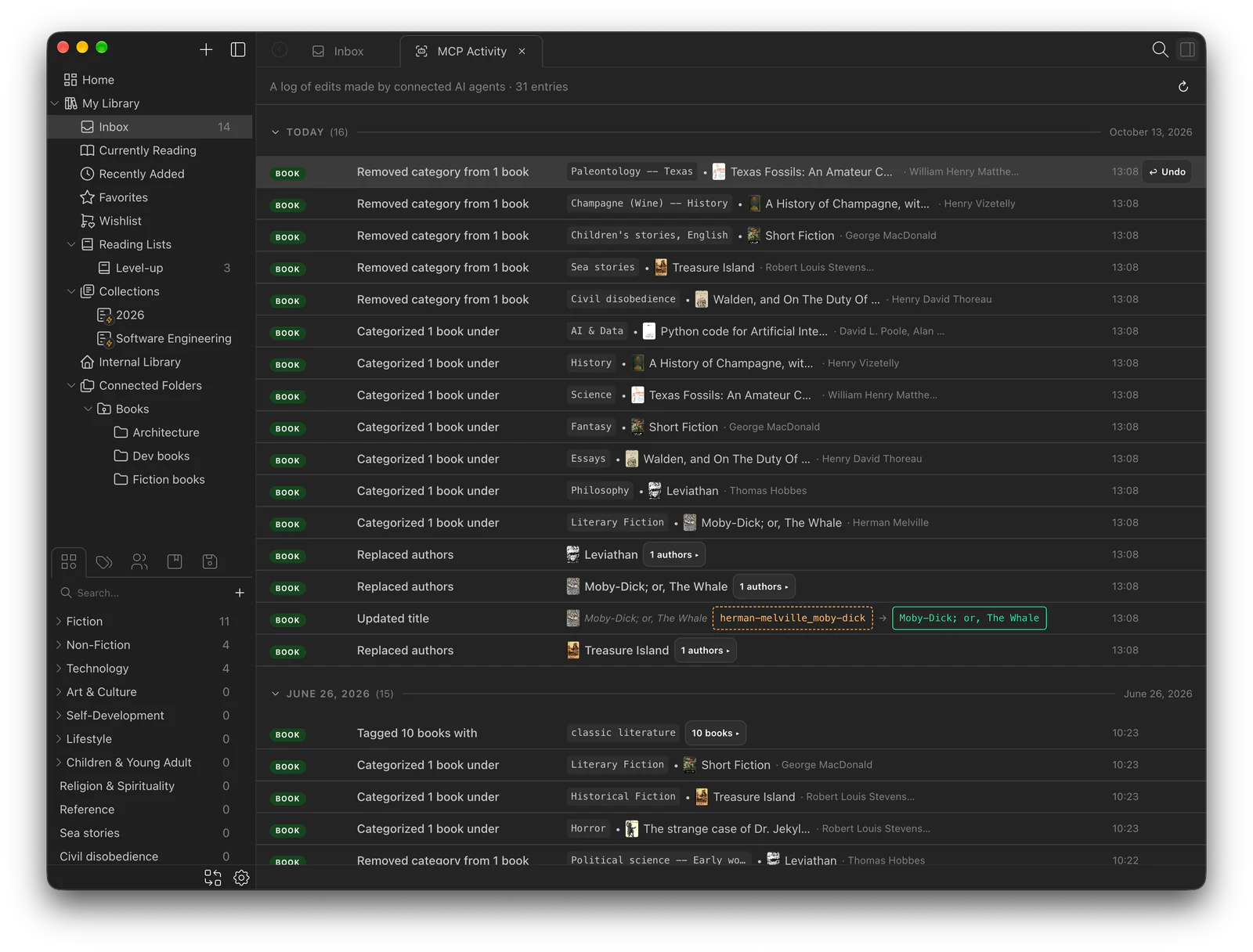 The MCP Activity tab in Papyrium listing the agent's changes, including a title changed from herman-melville_moby-dick to Moby-Dick; or, The Whale, with an Undo button on one entry, dark mode