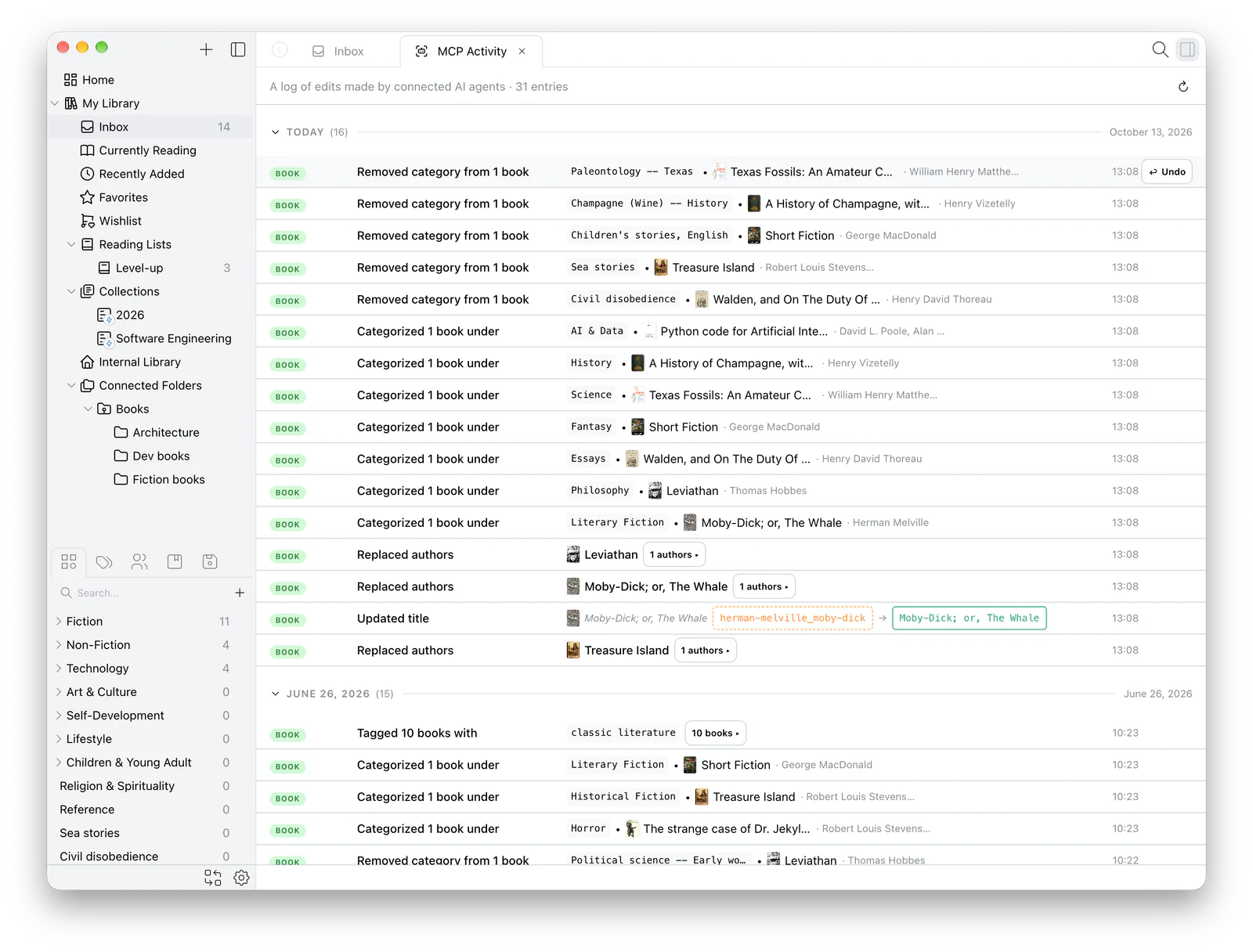 The MCP Activity tab in Papyrium listing the agent's changes, including a title changed from herman-melville_moby-dick to Moby-Dick; or, The Whale, with an Undo button on one entry