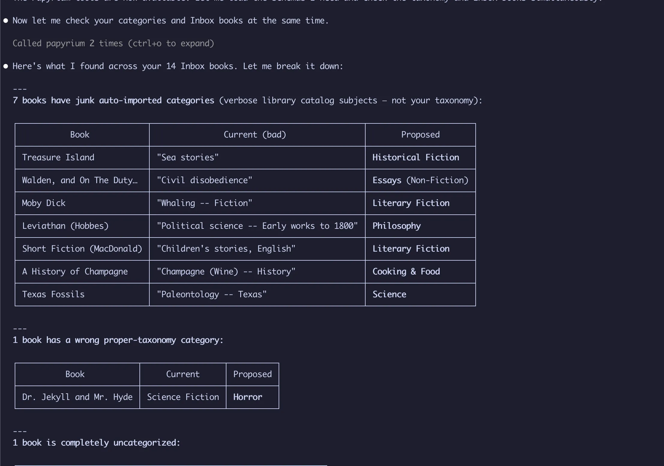 Claude Code categorizing Inbox books via Papyrium MCP server