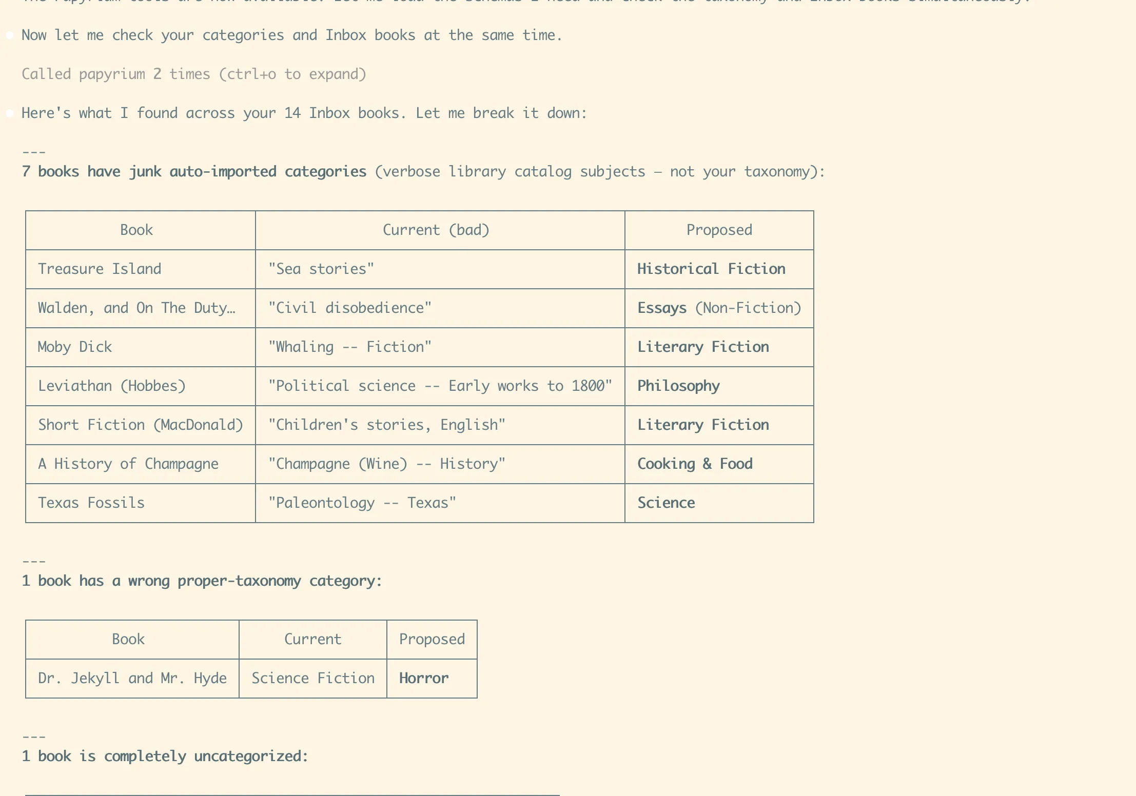 Claude Code categorizing Inbox books via Papyrium MCP server