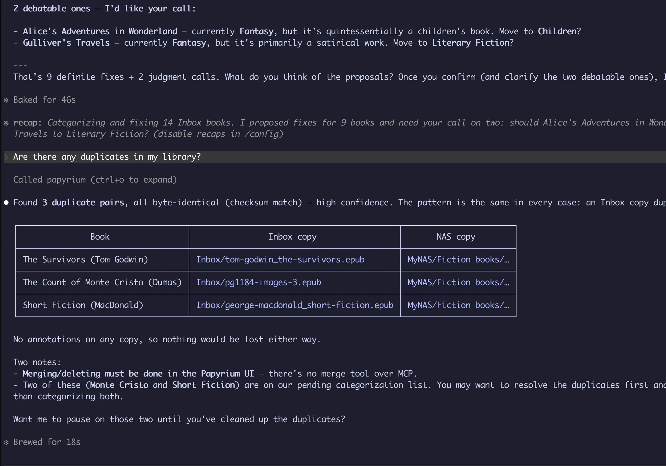Claude Code finding duplicate books via Papyrium MCP server