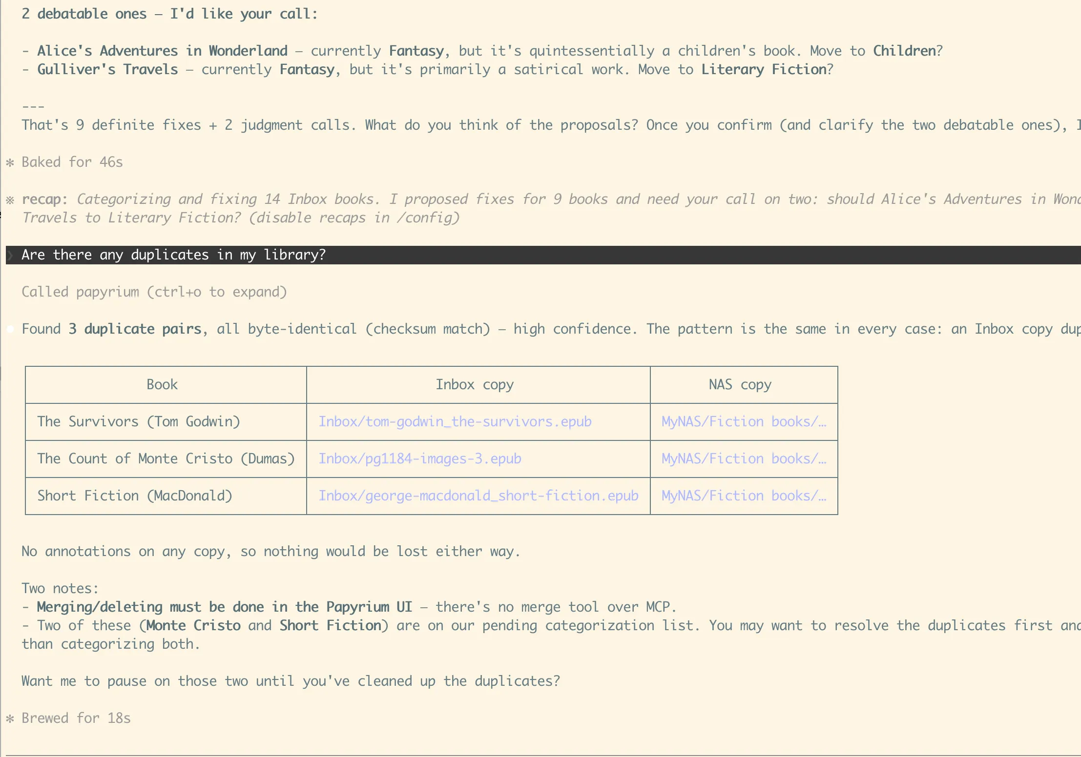 Claude Code finding duplicate books via Papyrium MCP server