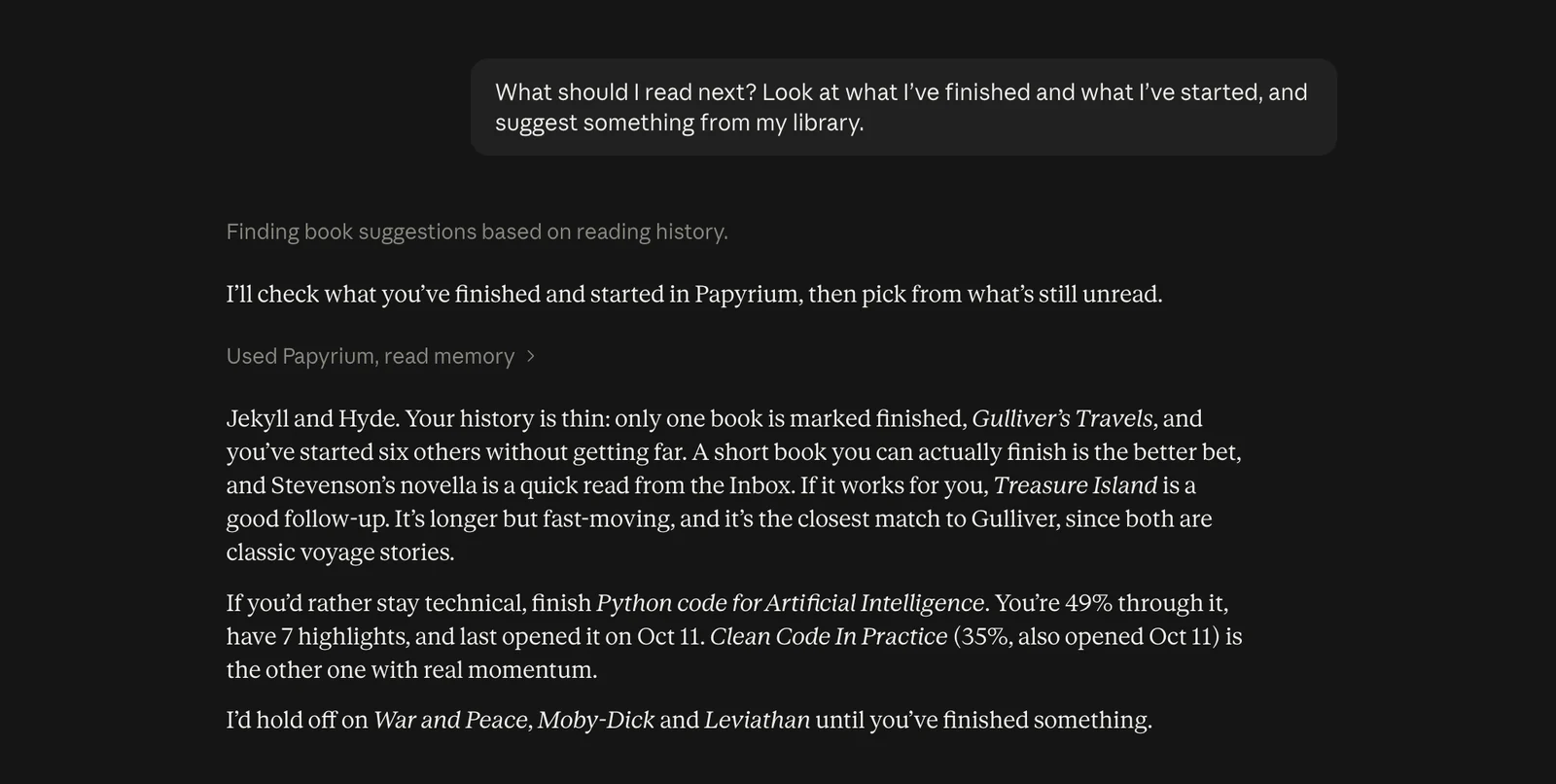 Claude Desktop answering “What should I read next?” with books from the user's own library: Jekyll and Hyde and Treasure Island as quick reads, or finishing a half-read technical book, based on what was finished and started, dark mode
