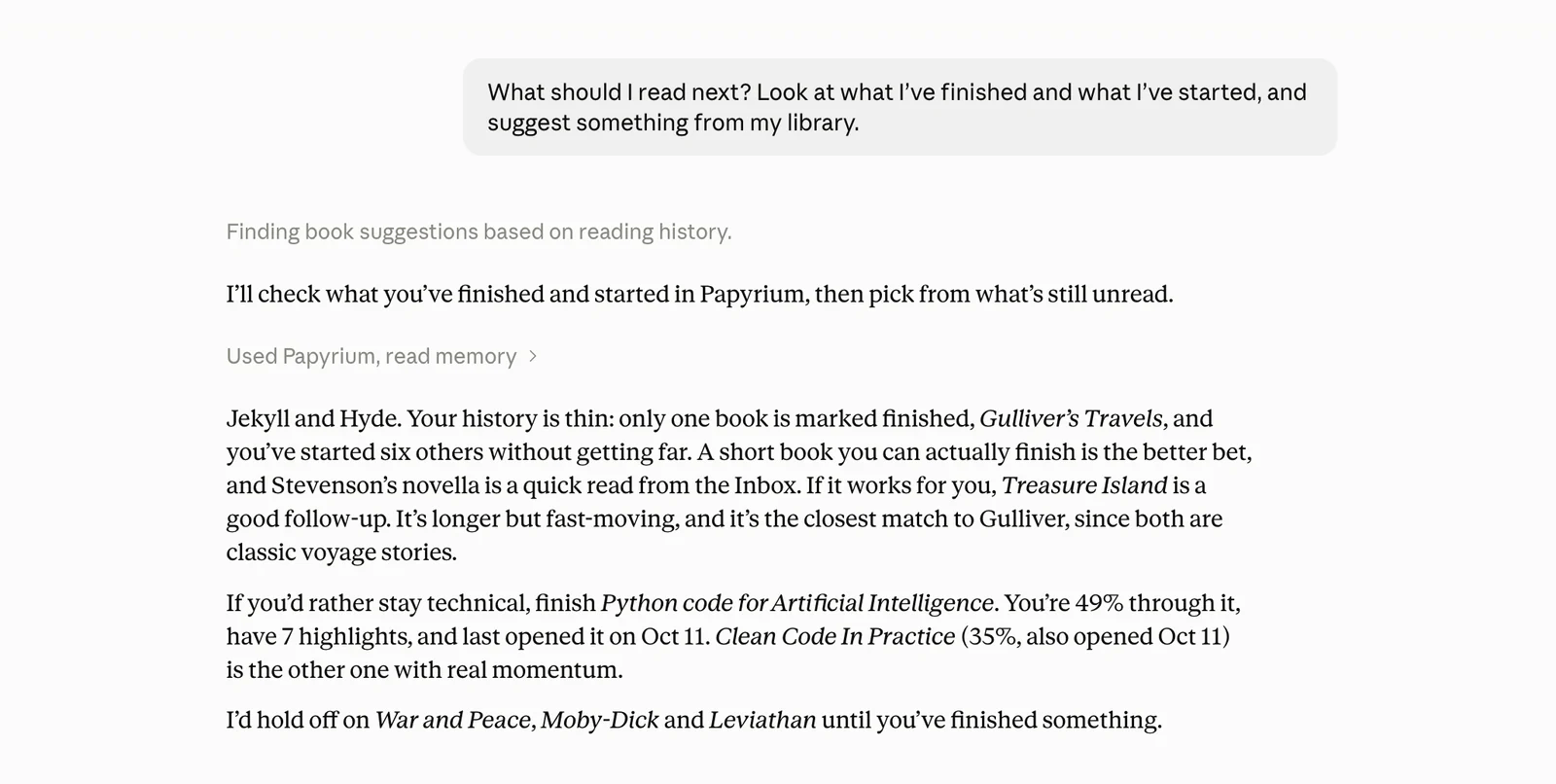 Claude Desktop answering “What should I read next?” with books from the user's own library: Jekyll and Hyde and Treasure Island as quick reads, or finishing a half-read technical book, based on what was finished and started