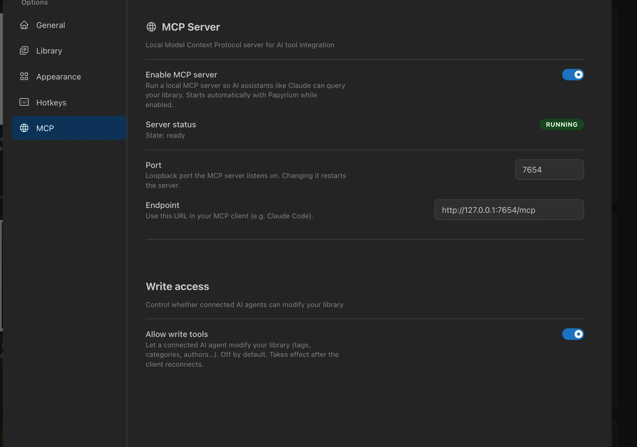 Papyrium MCP server settings panel