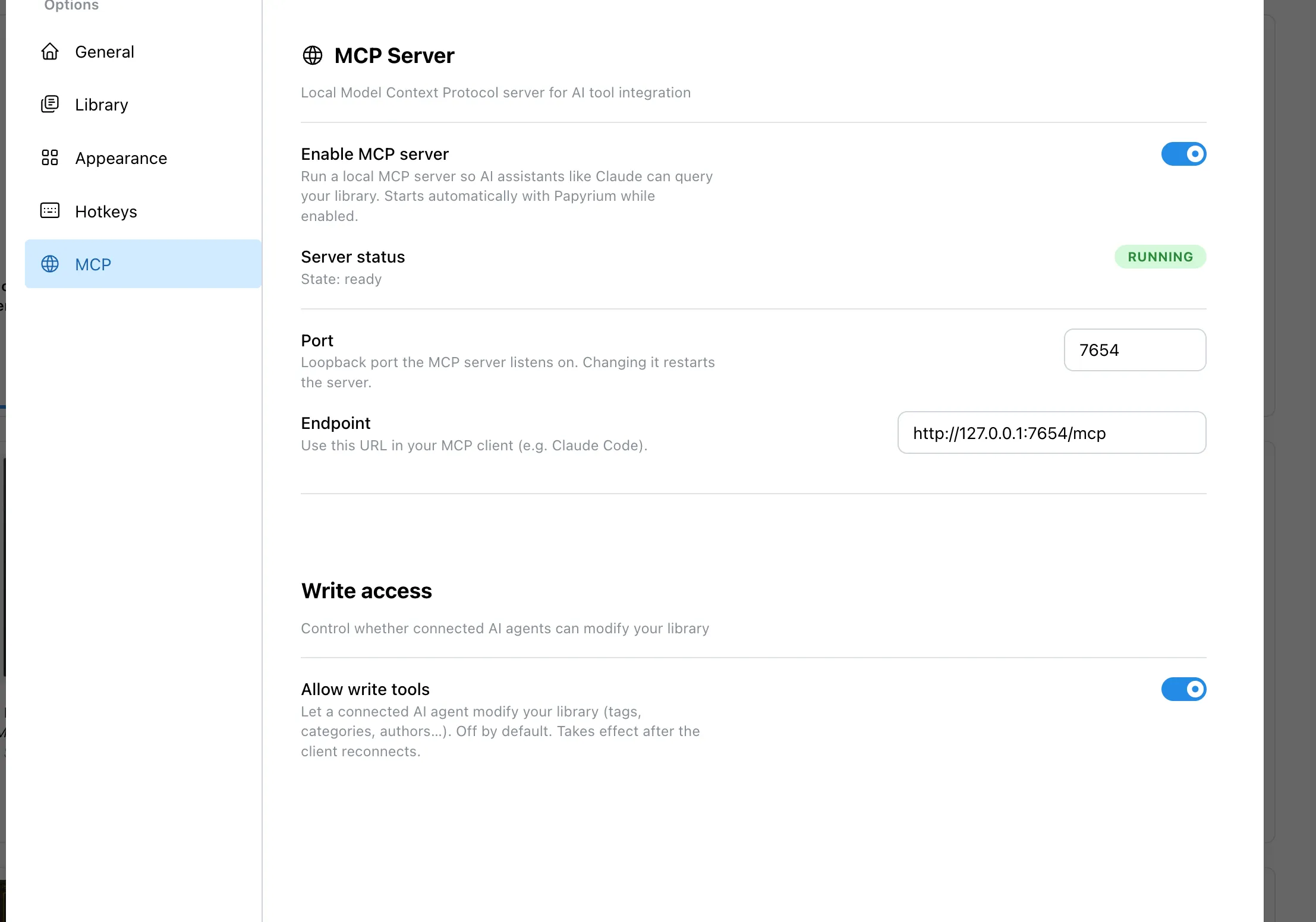 Papyrium MCP server settings panel