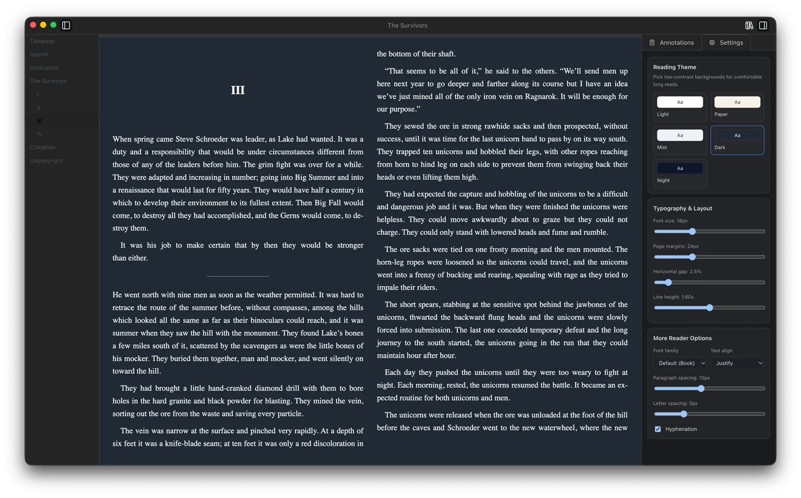 Papyrium EPUB reader with a two-page spread